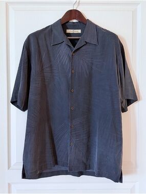 Tommy Bahama Leaf Print Slate Blue Short-Sleeve Button-Down Camp Shirt